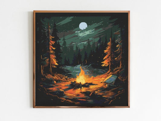 Campfire Woodland Cross Stitch Sewing Embroidery Pattern Instant DMC Download X-Stitch Landscape Cottagecore Needlework Forest Camping