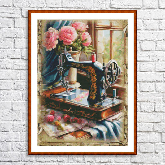 Vintage sewing machine Counted Cross Stitch Pattern Bouquet of roses Digital Pattern Sewing room Pattern Hand Embroidery Needlepoint chart