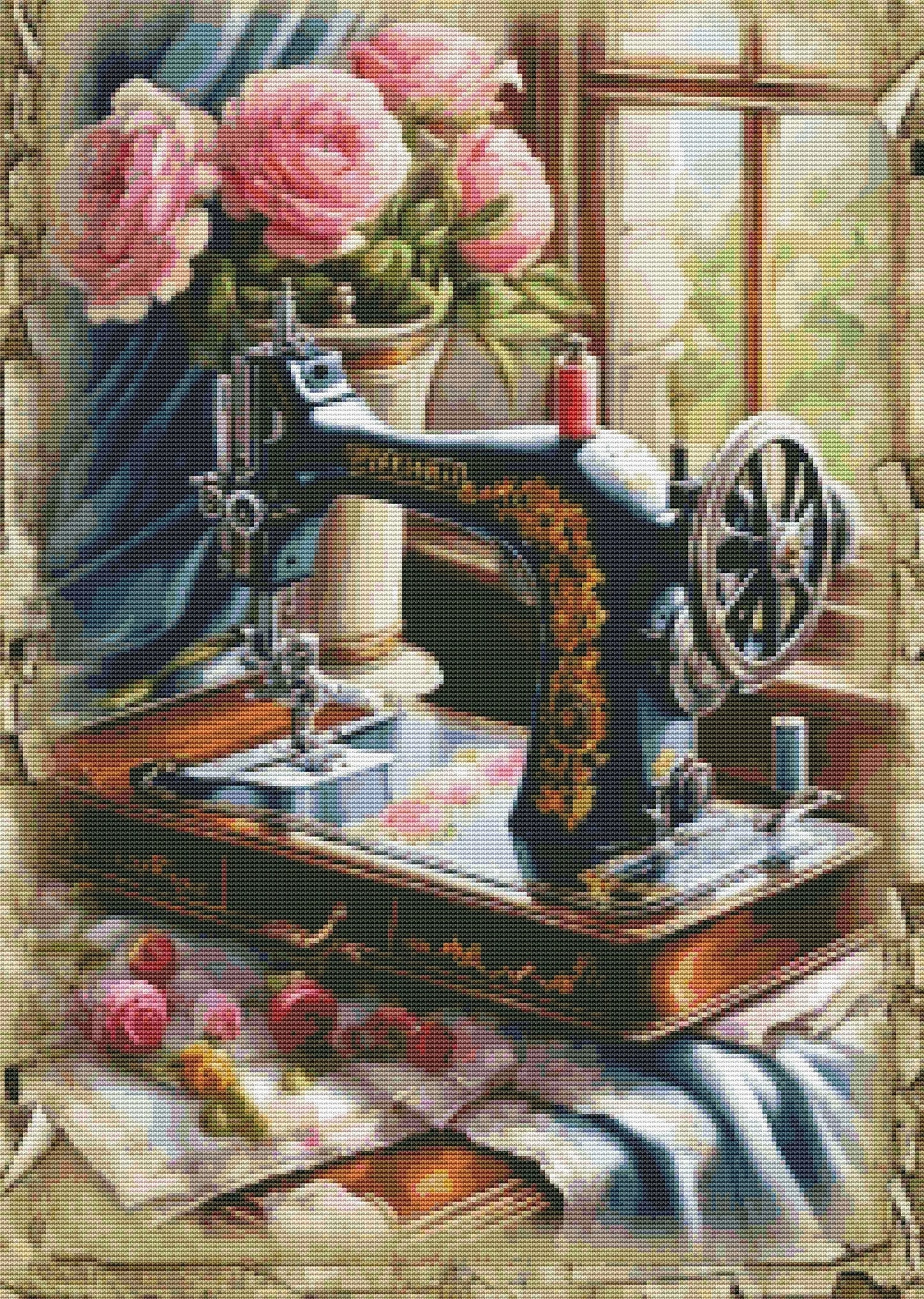 Vintage sewing machine Counted Cross Stitch Pattern Bouquet of roses Digital Pattern Sewing room Pattern Hand Embroidery Needlepoint chart