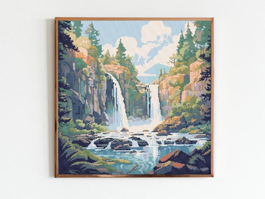 Mountain Waterfall Cross Stitch Sewing Embroidery Pattern Instant DMC Download X-Stitch Landscape Cottagecore Needlework