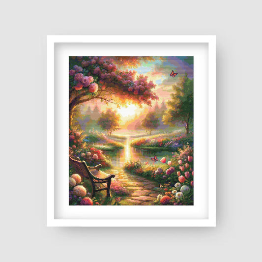 Sunset Garden Stitch Pattern, Serene Landscape Cross Stitch Pattern, Full Coverage Cross Stitch Pattern, Digital Download