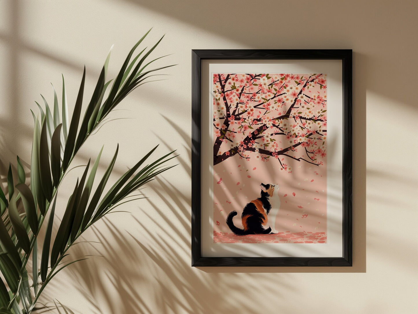 Calico Cat Under Cherry Blossoms - Digital Download, Japanese Cherry Blossom Art Print, Spring Feline Wall Decor, Cute Cat Printable