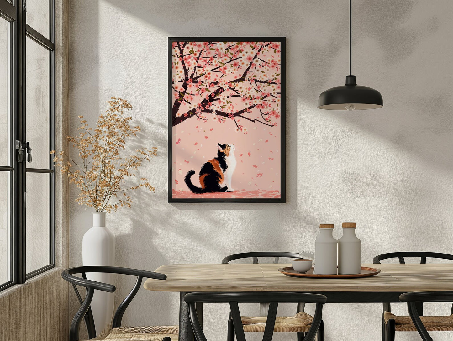 Calico Cat Under Cherry Blossoms - Digital Download, Japanese Cherry Blossom Art Print, Spring Feline Wall Decor, Cute Cat Printable