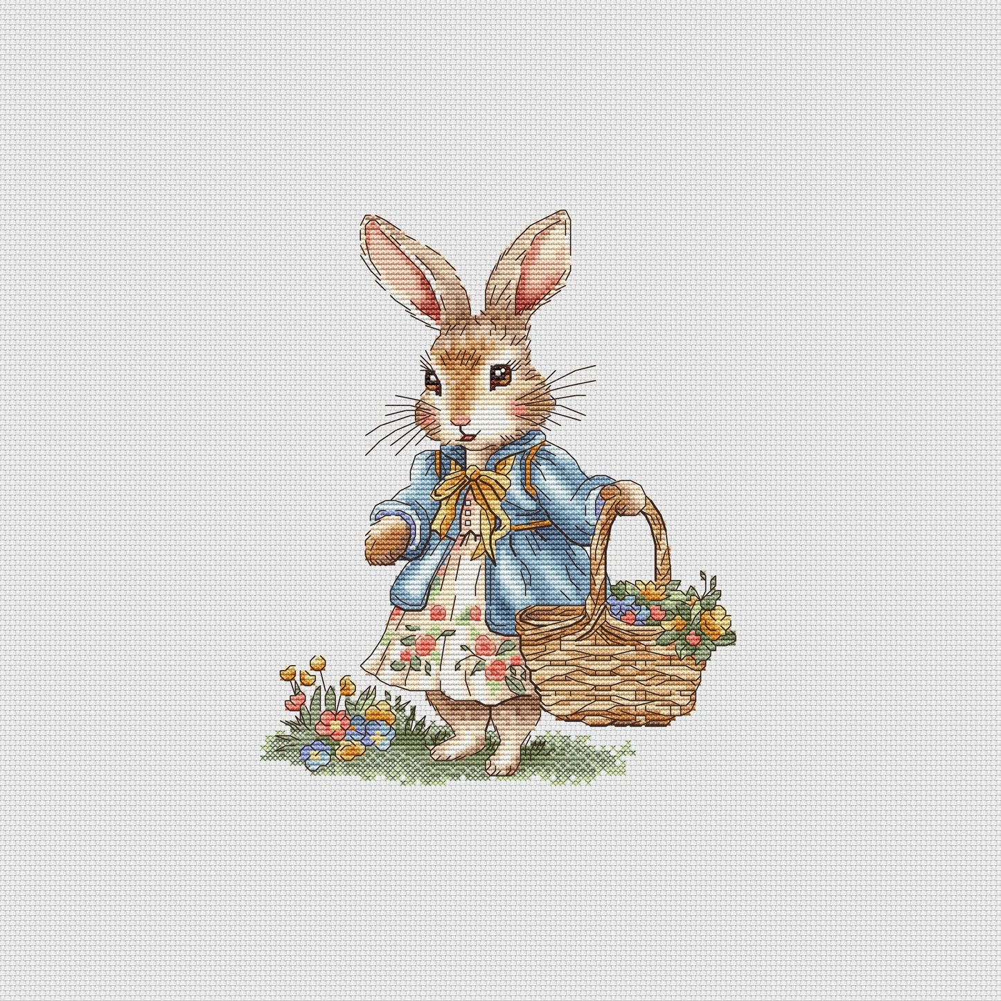 Rabbit girl Cross Stitch Pattern, bunny with a basket of flowers Instant Download Detailed Design Spring Summer Decor PDF Digital File