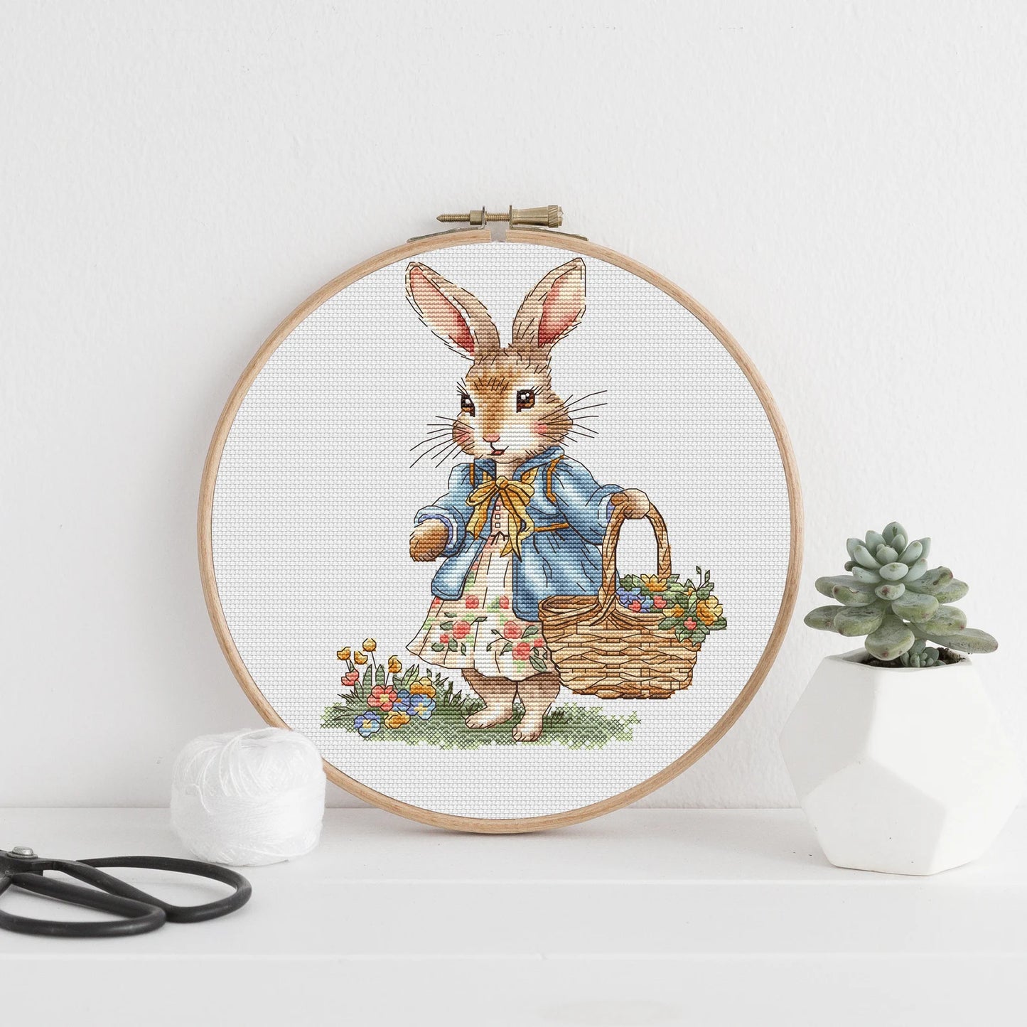 Rabbit girl Cross Stitch Pattern, bunny with a basket of flowers Instant Download Detailed Design Spring Summer Decor PDF Digital File
