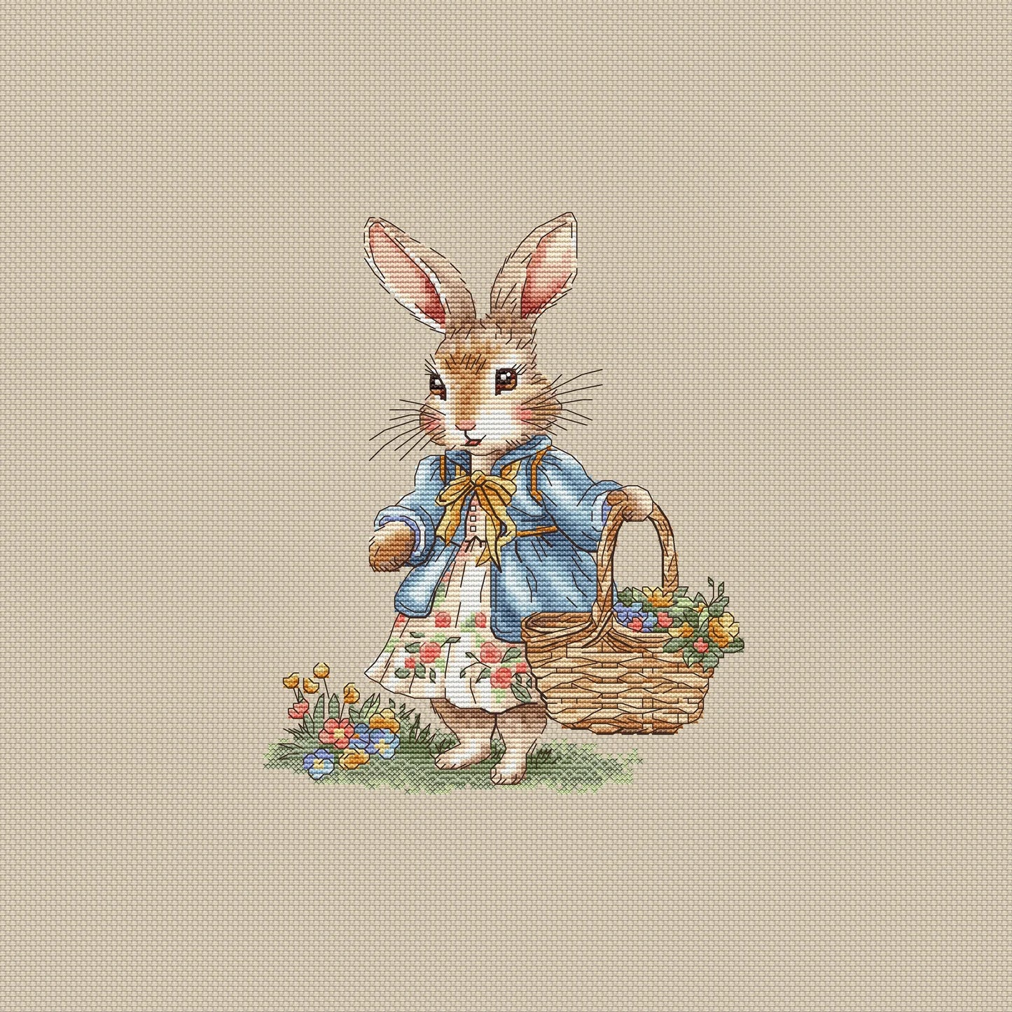 Rabbit lady and Rabbit gentleman Cross Stitch Pattern, with a basket of flowers Instant Download Spring Summer Decor PDF Digital File