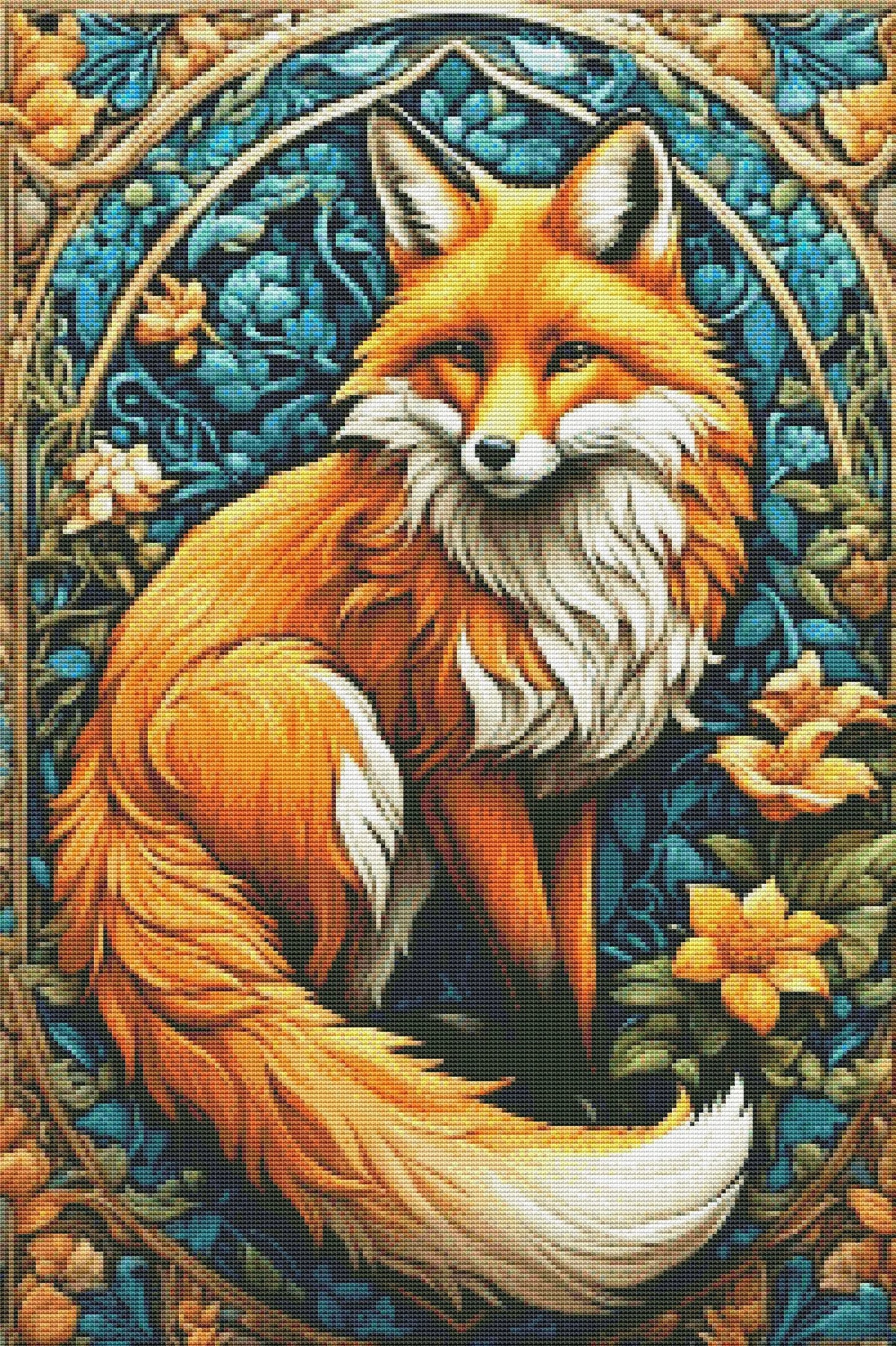 Stained glass Fox in flowers Counted cross stitch Pattern Summer Flowers Modern Hand Decor Animal Embroidery Needlepoint Chart PDF Landscape