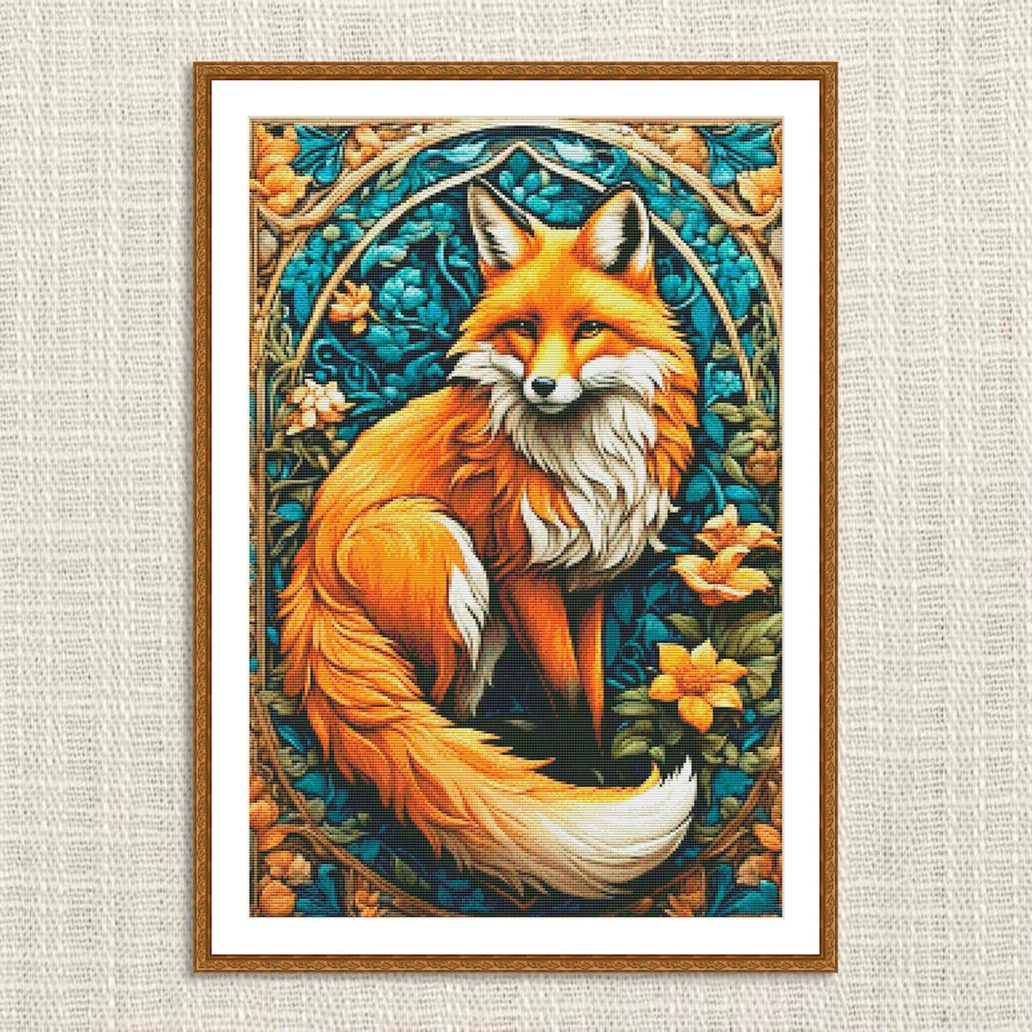Stained glass Fox in flowers Counted cross stitch Pattern Summer Flowers Modern Hand Decor Animal Embroidery Needlepoint Chart PDF Landscape
