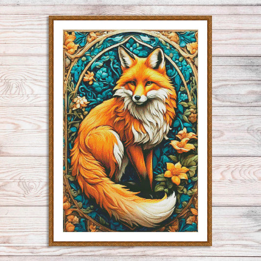 Stained glass Fox in flowers Counted cross stitch Pattern Summer Flowers Modern Hand Decor Animal Embroidery Needlepoint Chart PDF Landscape