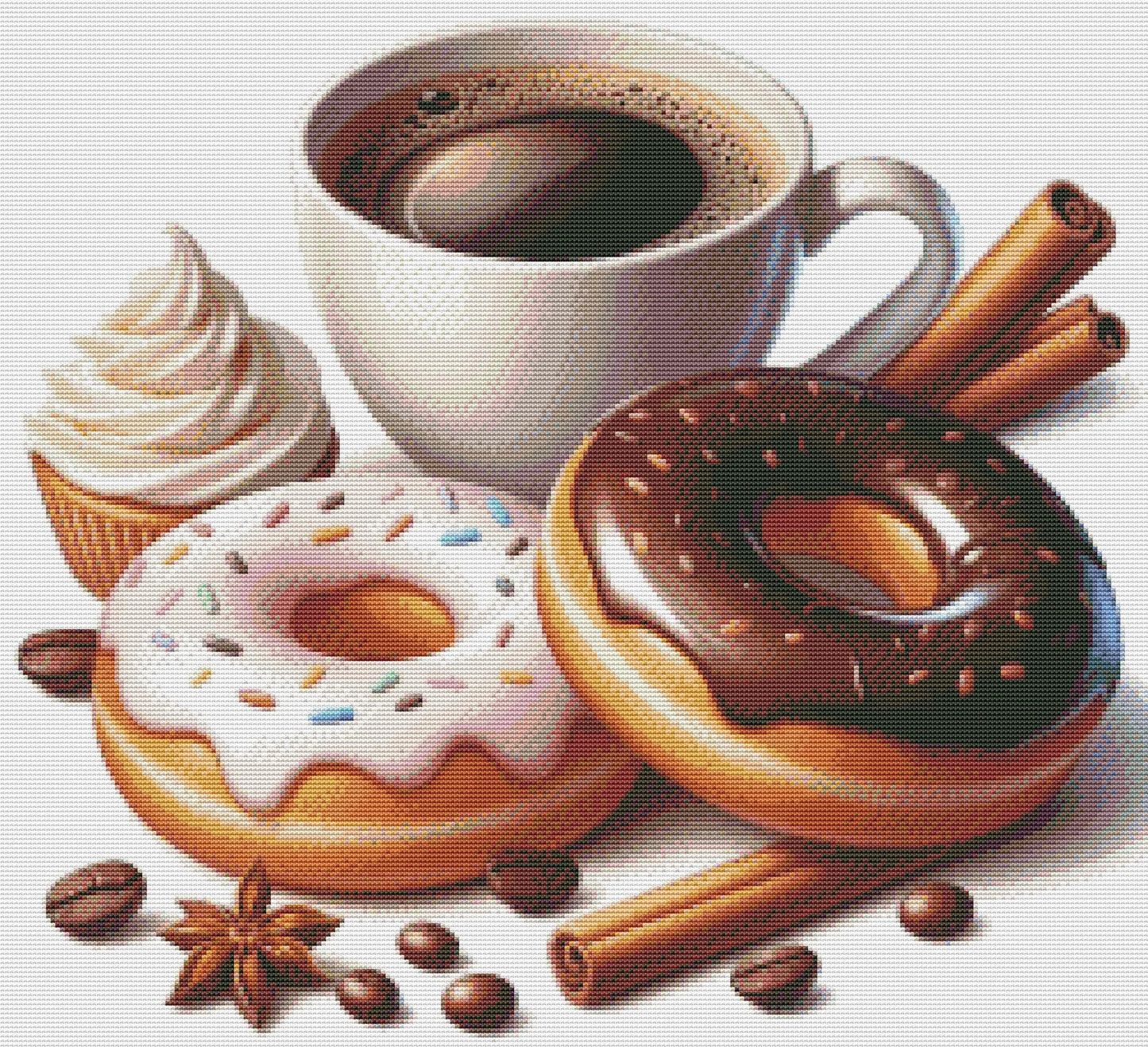 Donut with chocolate Cross Stitch Pattern Sweets Chocolate Donut Kitchen Decor A cup of coffee Dessert Embroidery Needlepoint chart PDF
