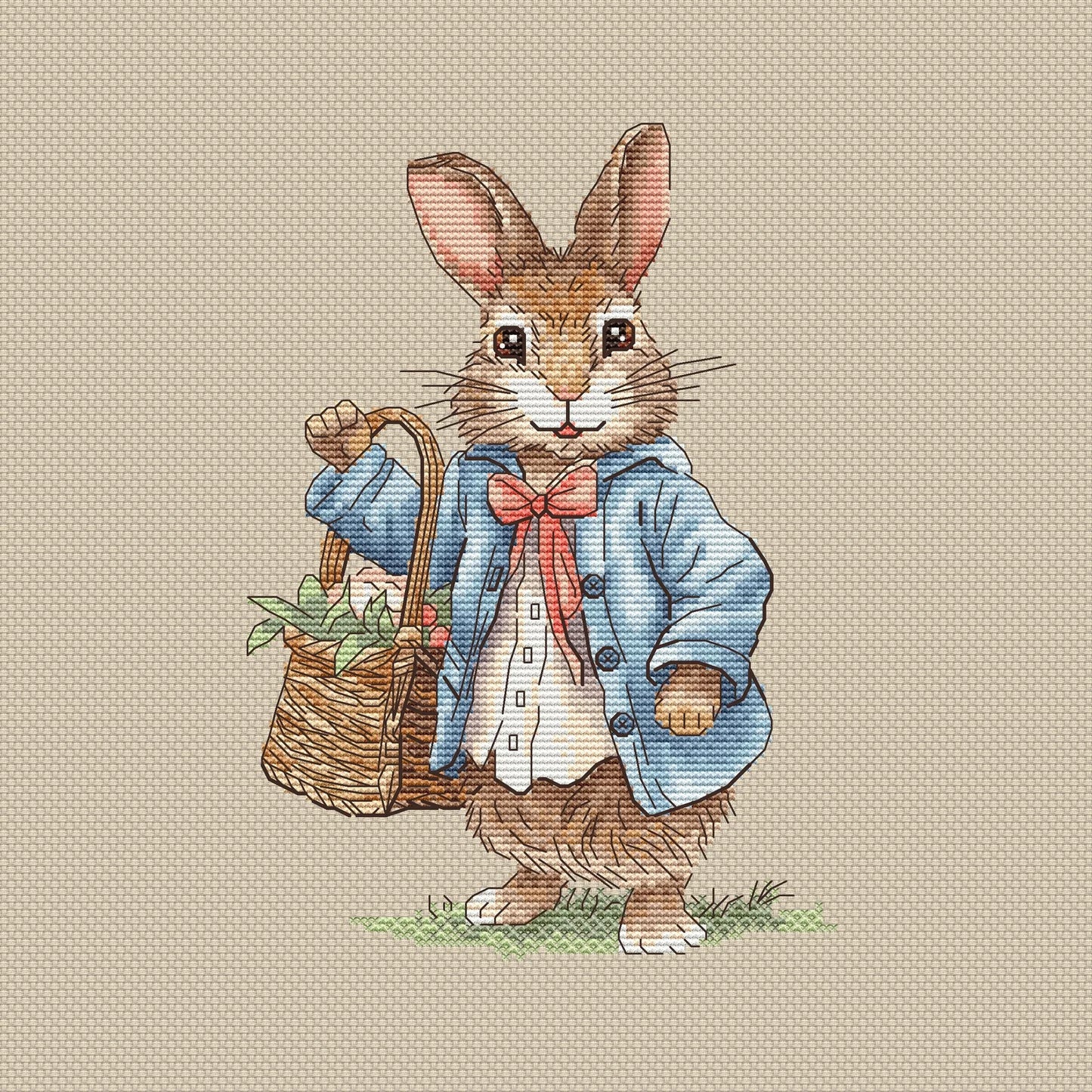 Rabbit boy Cross Stitch Pattern, bunny with a basket of flowers Instant Download Detailed Design Spring Summer Decor PDF Digital File