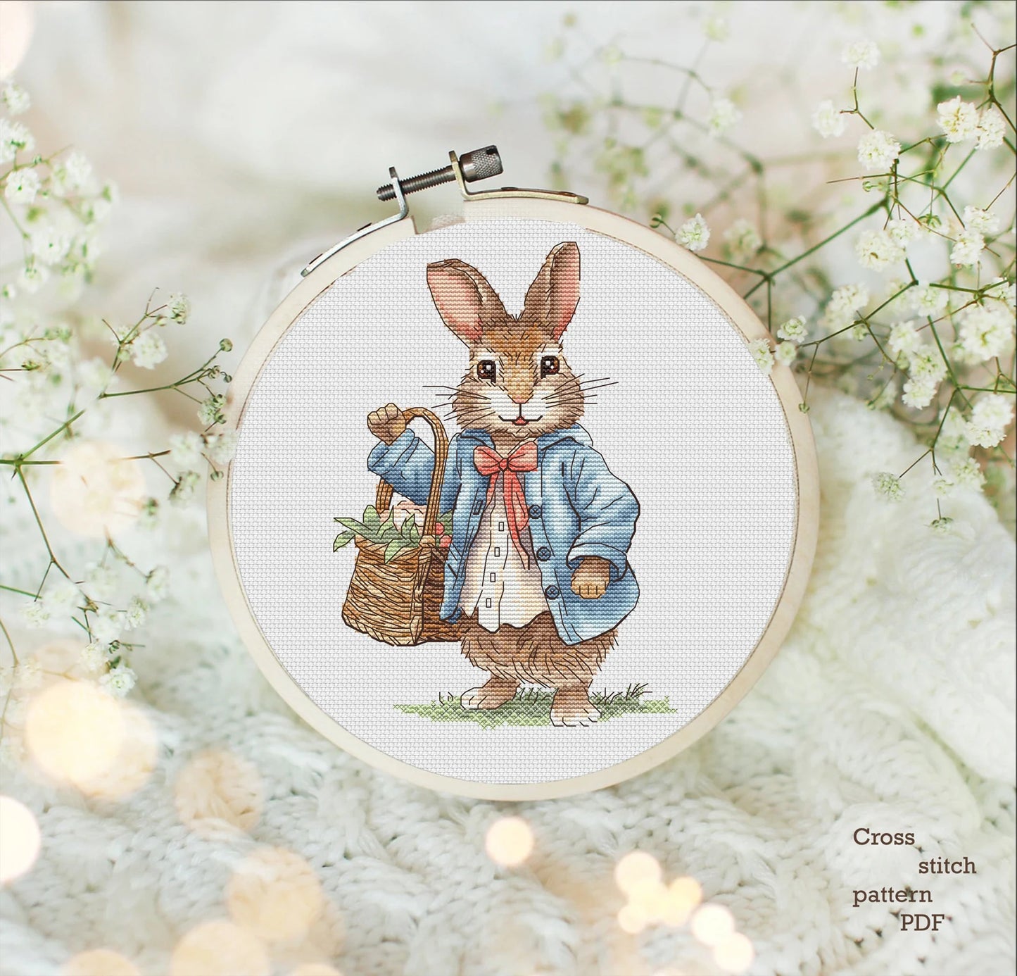 Rabbit boy Cross Stitch Pattern, bunny with a basket of flowers Instant Download Detailed Design Spring Summer Decor PDF Digital File