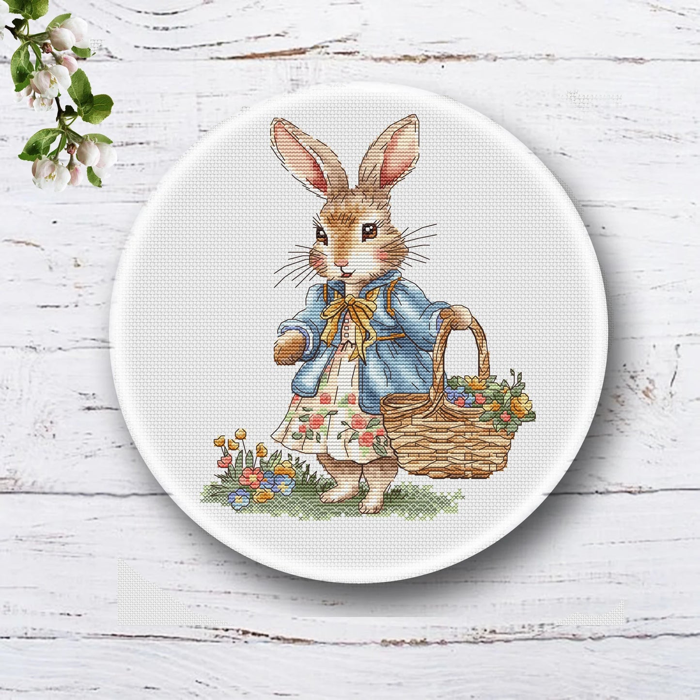 Rabbit girl Cross Stitch Pattern, bunny with a basket of flowers Instant Download Detailed Design Spring Summer Decor PDF Digital File