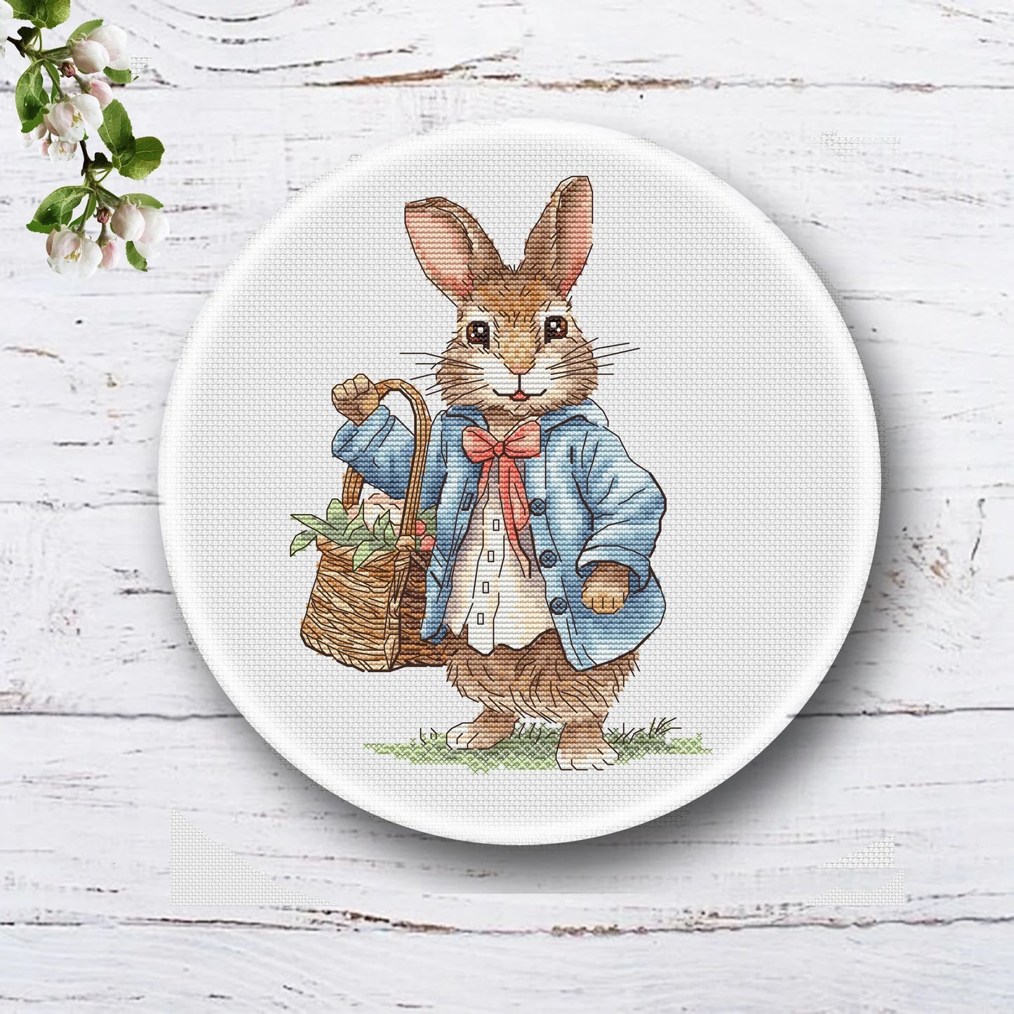Rabbit boy Cross Stitch Pattern, bunny with a basket of flowers Instant Download Detailed Design Spring Summer Decor PDF Digital File