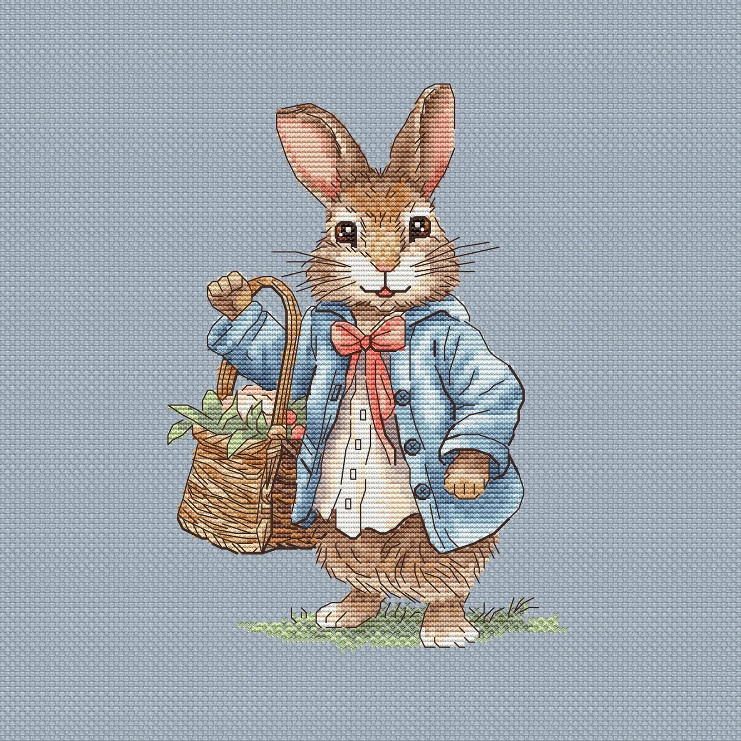 Rabbit lady and Rabbit gentleman Cross Stitch Pattern, with a basket of flowers Instant Download Spring Summer Decor PDF Digital File