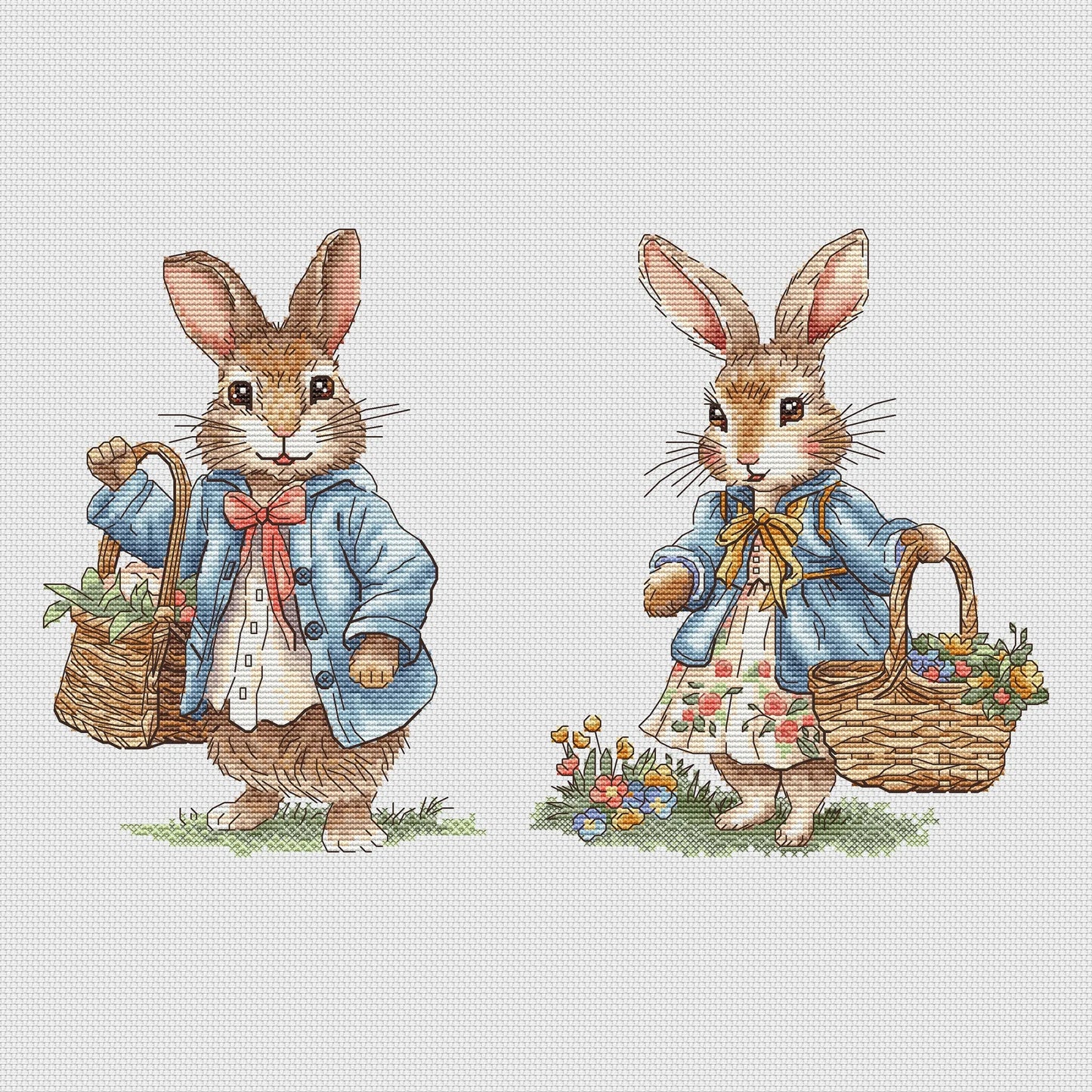 Rabbit lady and Rabbit gentleman Cross Stitch Pattern, with a basket of flowers Instant Download Spring Summer Decor PDF Digital File