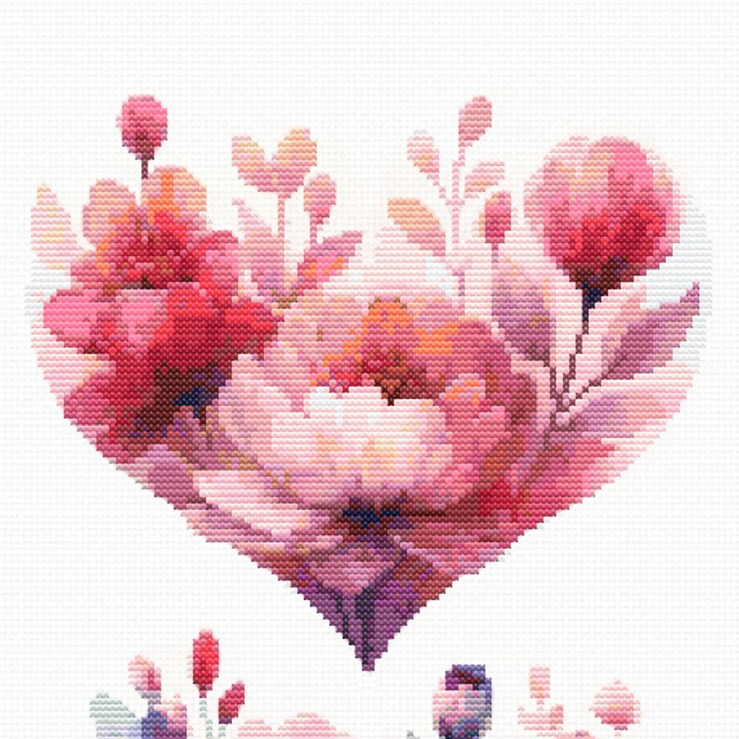 Blooming Hearts Trio Cross Stitch Pattern, Floral Cross Stitch Pattern, Heart Cross Stitch Pattern, Flower Embroidery. Digital PDF Download