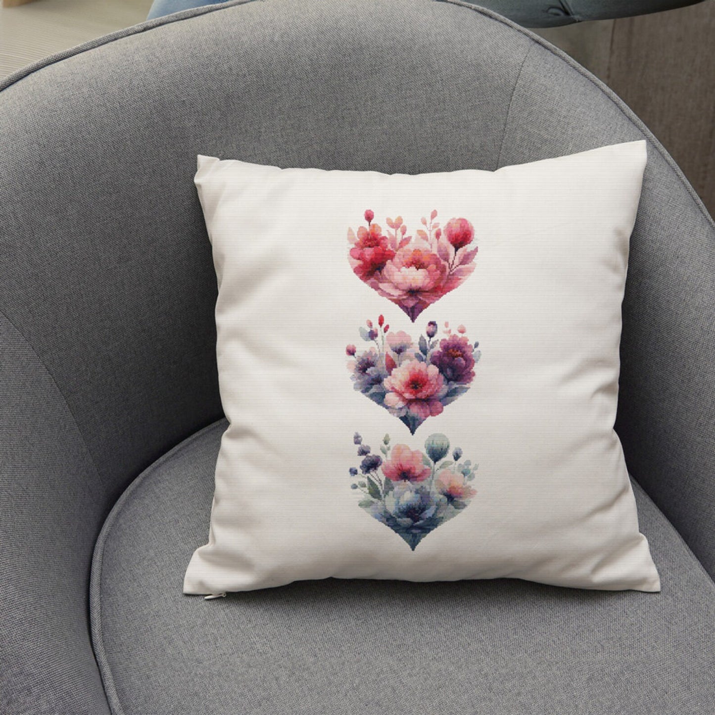 Blooming Hearts Trio Cross Stitch Pattern, Floral Cross Stitch Pattern, Heart Cross Stitch Pattern, Flower Embroidery. Digital PDF Download