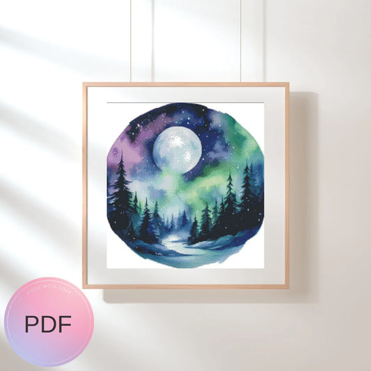 Northen Lights Cross Stitch Pattern , Watercolor, Instant Download , Digital File , Pdf, Landscape, Moon