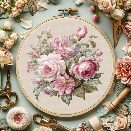 Pink roses bouquet cross stitch pattern PDF, flowers counted art, modern spring floral embroidery, nature design chart instant download