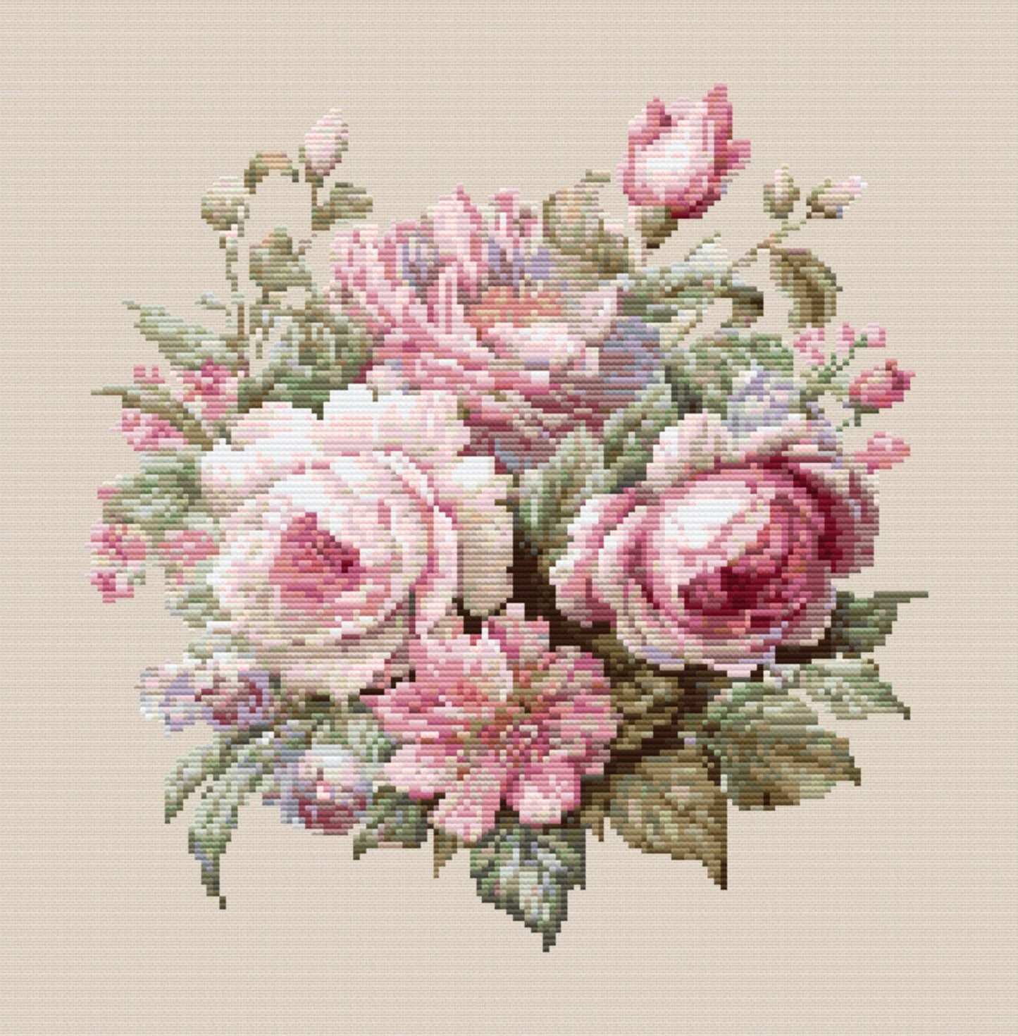 Pink roses bouquet cross stitch pattern PDF, flowers counted art, modern spring floral embroidery, nature design chart instant download