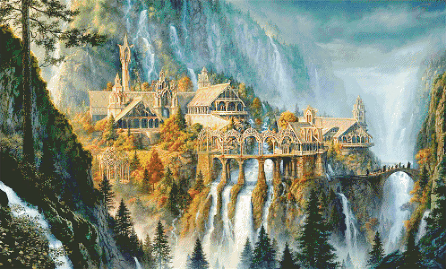 PDF Cross Stitch Pattern "Rivendell Sunset" DMC 88 Solid/Blended Colors 498w X 300h Stitches, Size on 18th Count 71w X 43h cm (28w' X 17h')