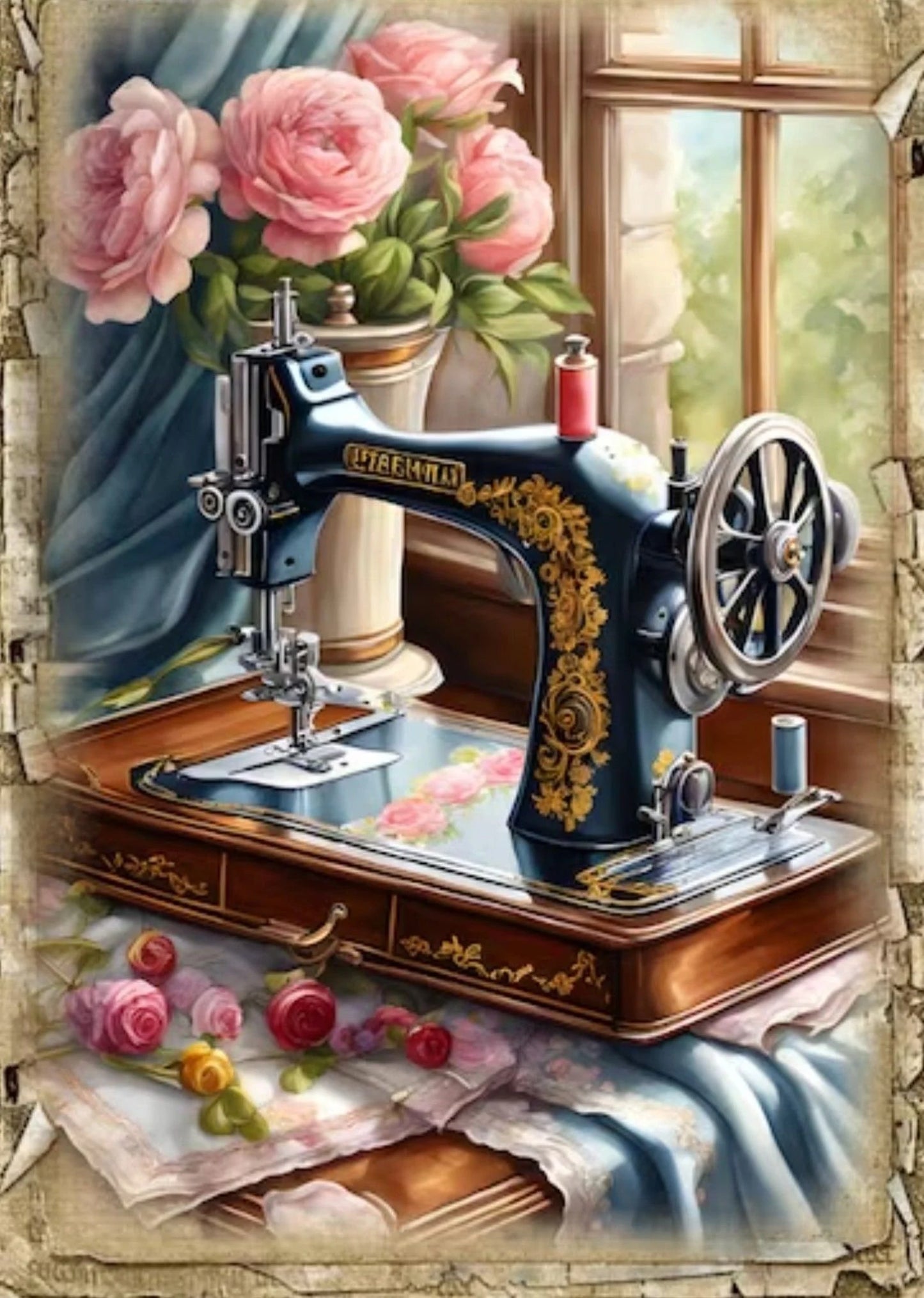 Vintage sewing machine Counted Cross Stitch Pattern Bouquet of roses Digital Pattern Sewing room Pattern Hand Embroidery Needlepoint chart