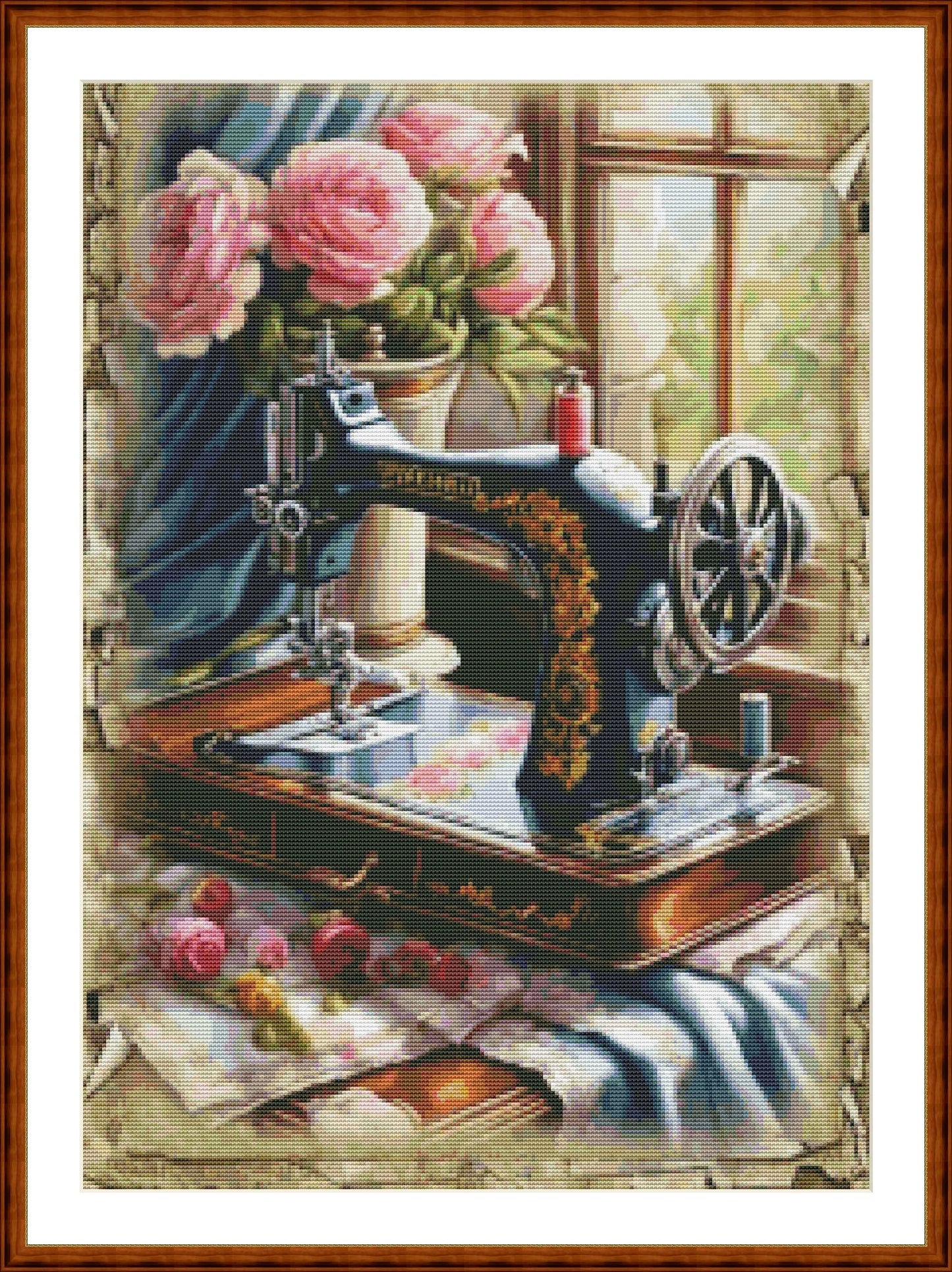 Vintage sewing machine Counted Cross Stitch Pattern Bouquet of roses Digital Pattern Sewing room Pattern Hand Embroidery Needlepoint chart