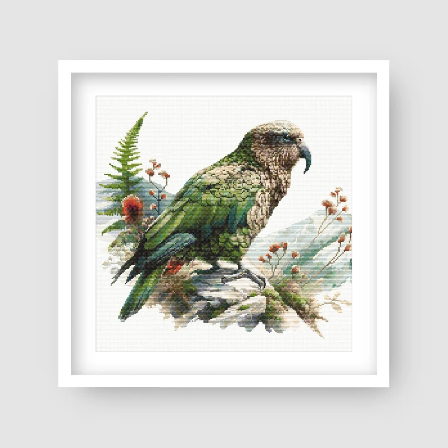 New Zealand Kea Cross Stitch Pattern. Native New Zealand Bird Cross-Stitch Pattern in watercolor tones. Digital PDF Download