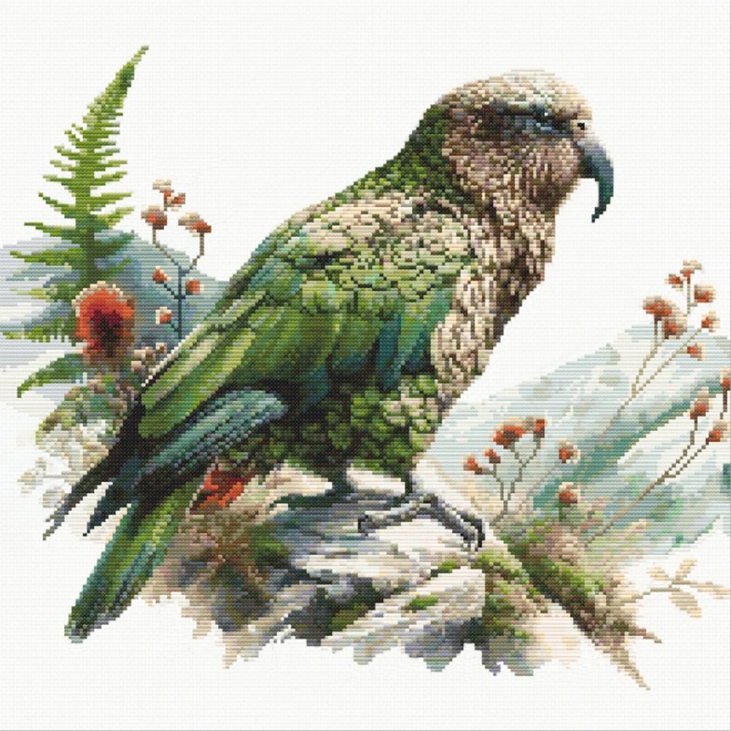 New Zealand Kea Cross Stitch Pattern. Native New Zealand Bird Cross-Stitch Pattern in watercolor tones. Digital PDF Download