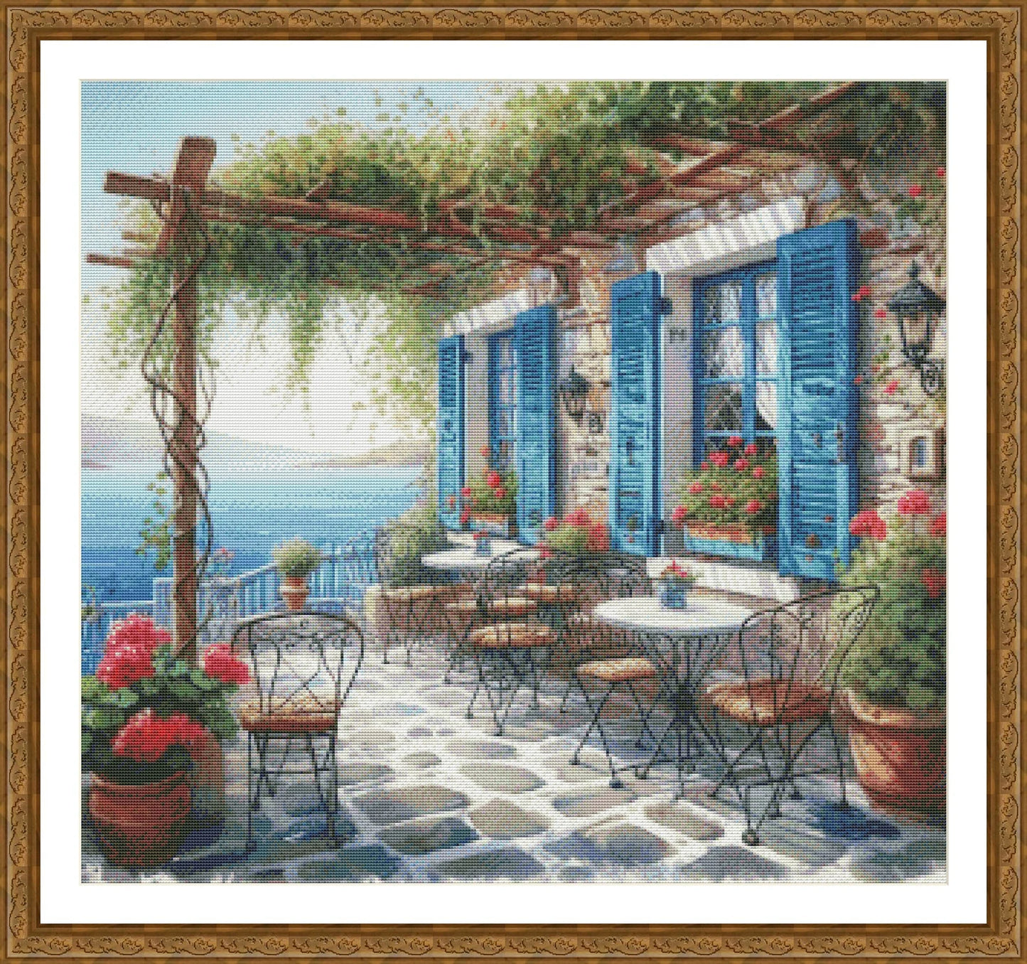 PDF Greek Cafe Counted Cross Stitch Pattern, Greece Seaview Landscape Instant Download Digital Format