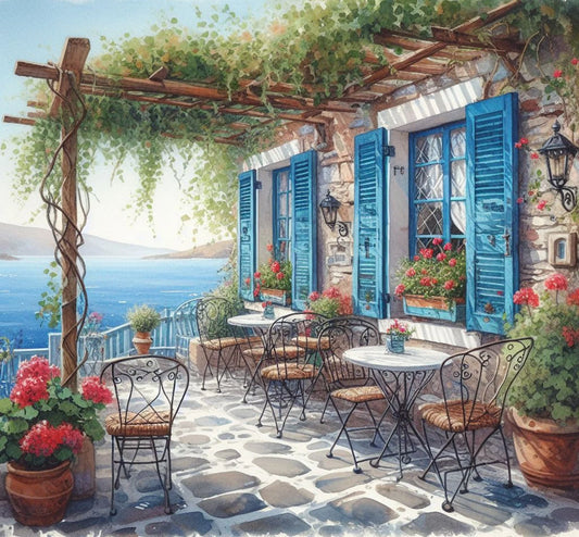 PDF Greek Cafe Counted Cross Stitch Pattern, Greece Seaview Landscape Instant Download Digital Format