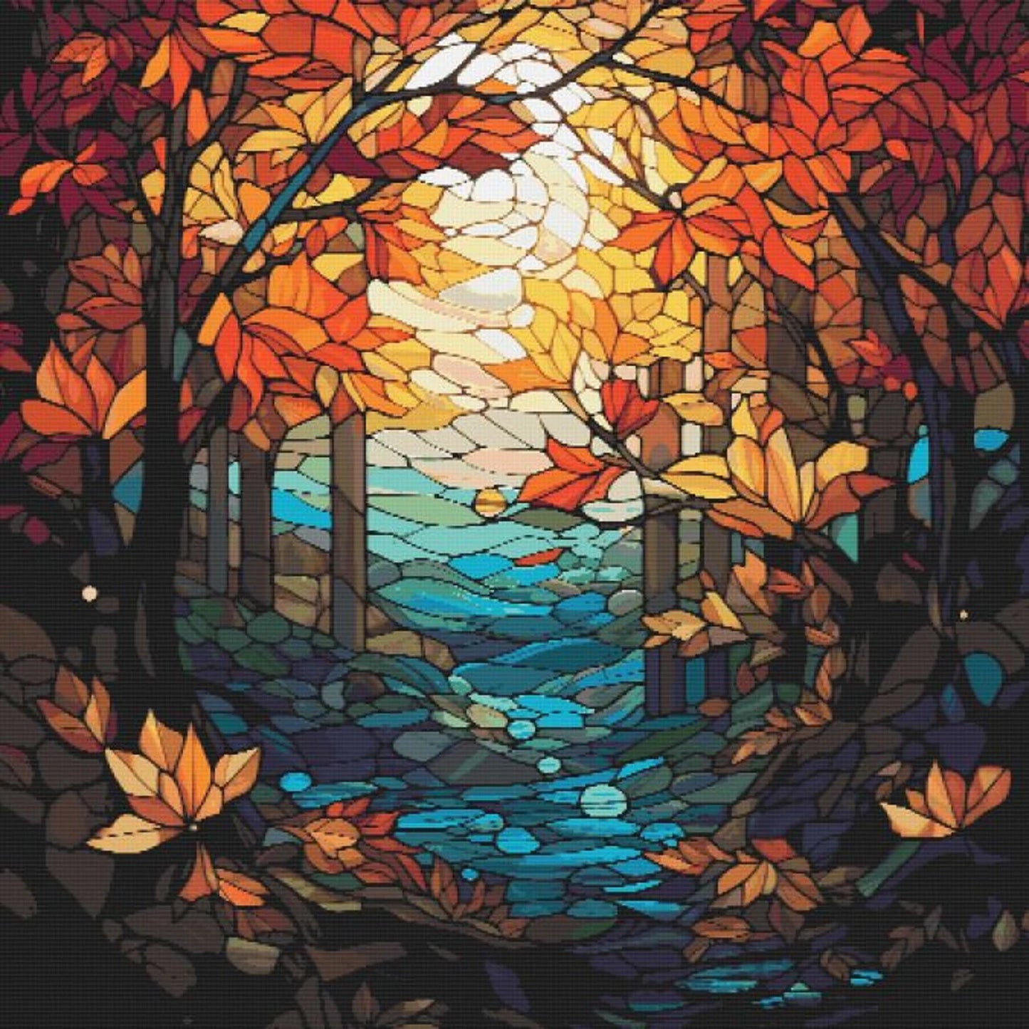 Autumn forest stained glass cross stitch pattern full coverage PDF