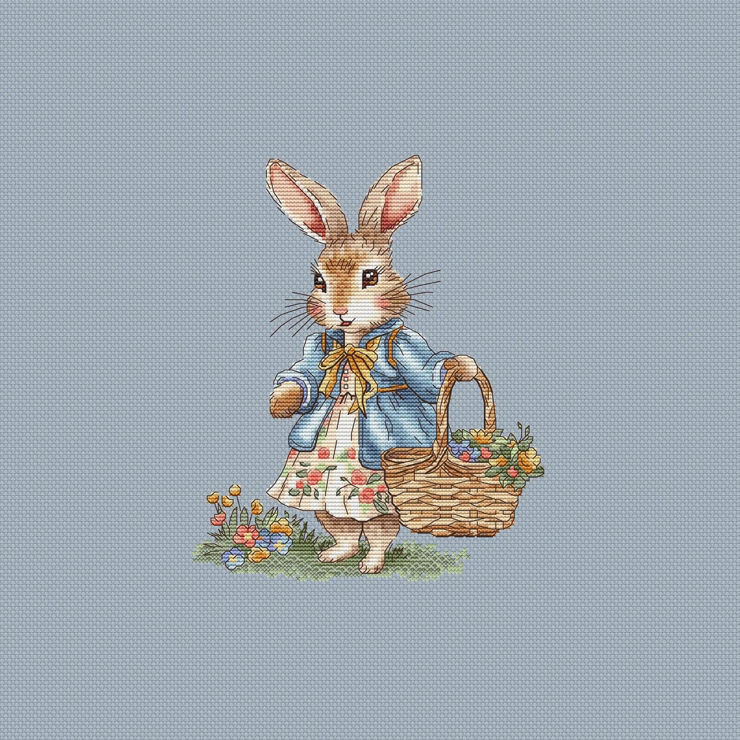 Rabbit girl Cross Stitch Pattern, bunny with a basket of flowers Instant Download Detailed Design Spring Summer Decor PDF Digital File