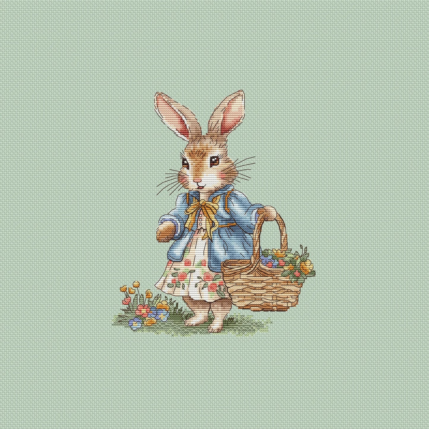 Rabbit lady and Rabbit gentleman Cross Stitch Pattern, with a basket of flowers Instant Download Spring Summer Decor PDF Digital File