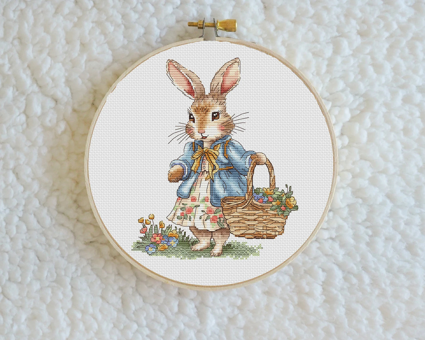 Rabbit lady and Rabbit gentleman Cross Stitch Pattern, with a basket of flowers Instant Download Spring Summer Decor PDF Digital File