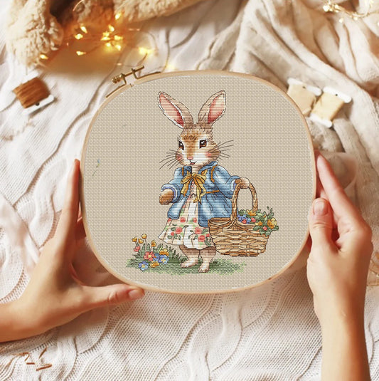 Rabbit girl Cross Stitch Pattern, bunny with a basket of flowers Instant Download Detailed Design Spring Summer Decor PDF Digital File