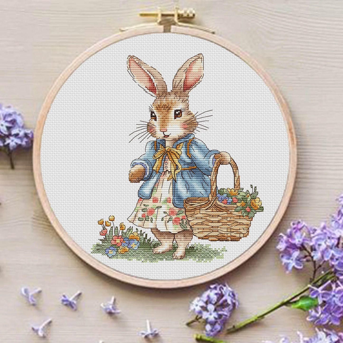 Rabbit girl Cross Stitch Pattern, bunny with a basket of flowers Instant Download Detailed Design Spring Summer Decor PDF Digital File