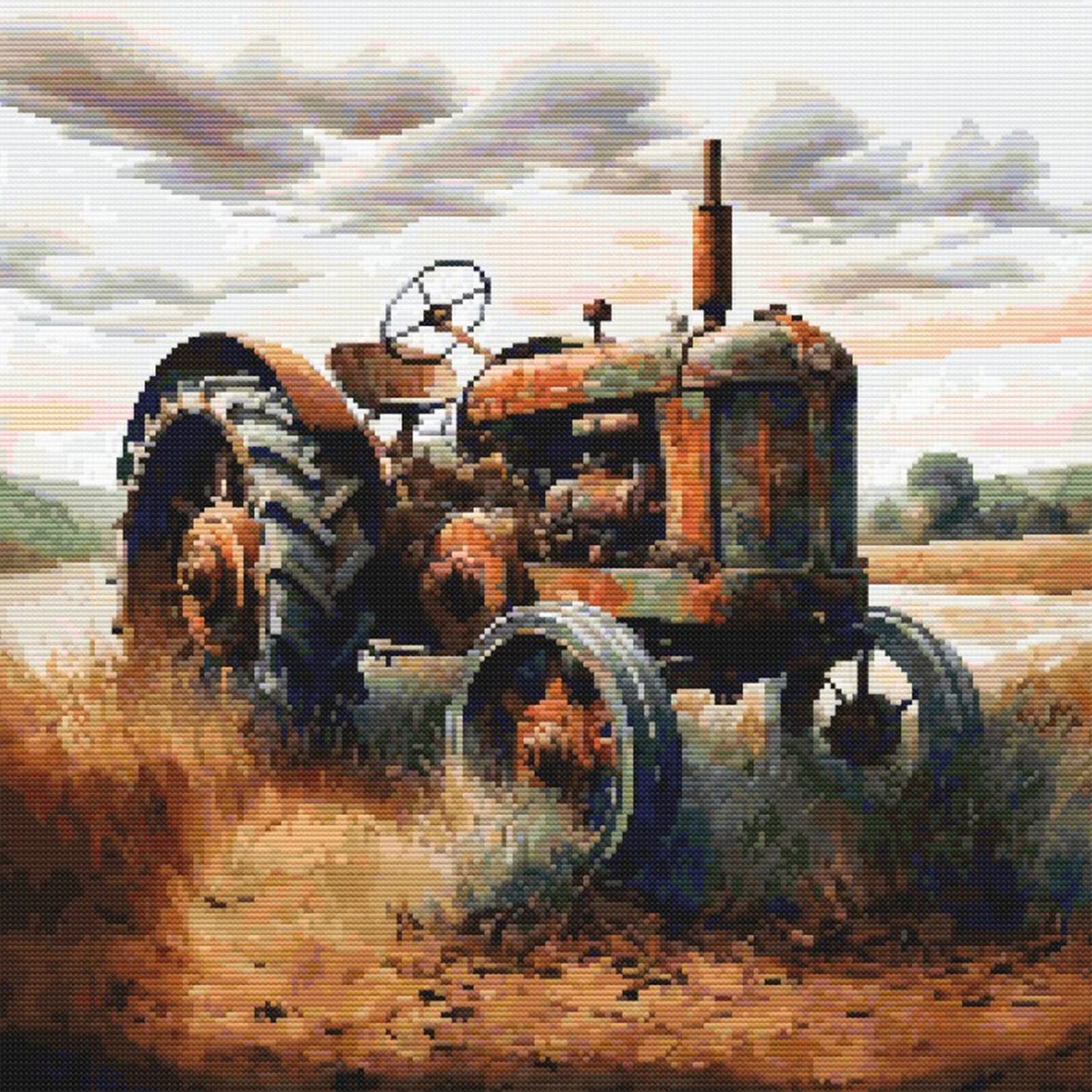 Vintage Farm Tractor Cross Stitch Pattern – Rustic Countryside Needlework Design. Digital Download