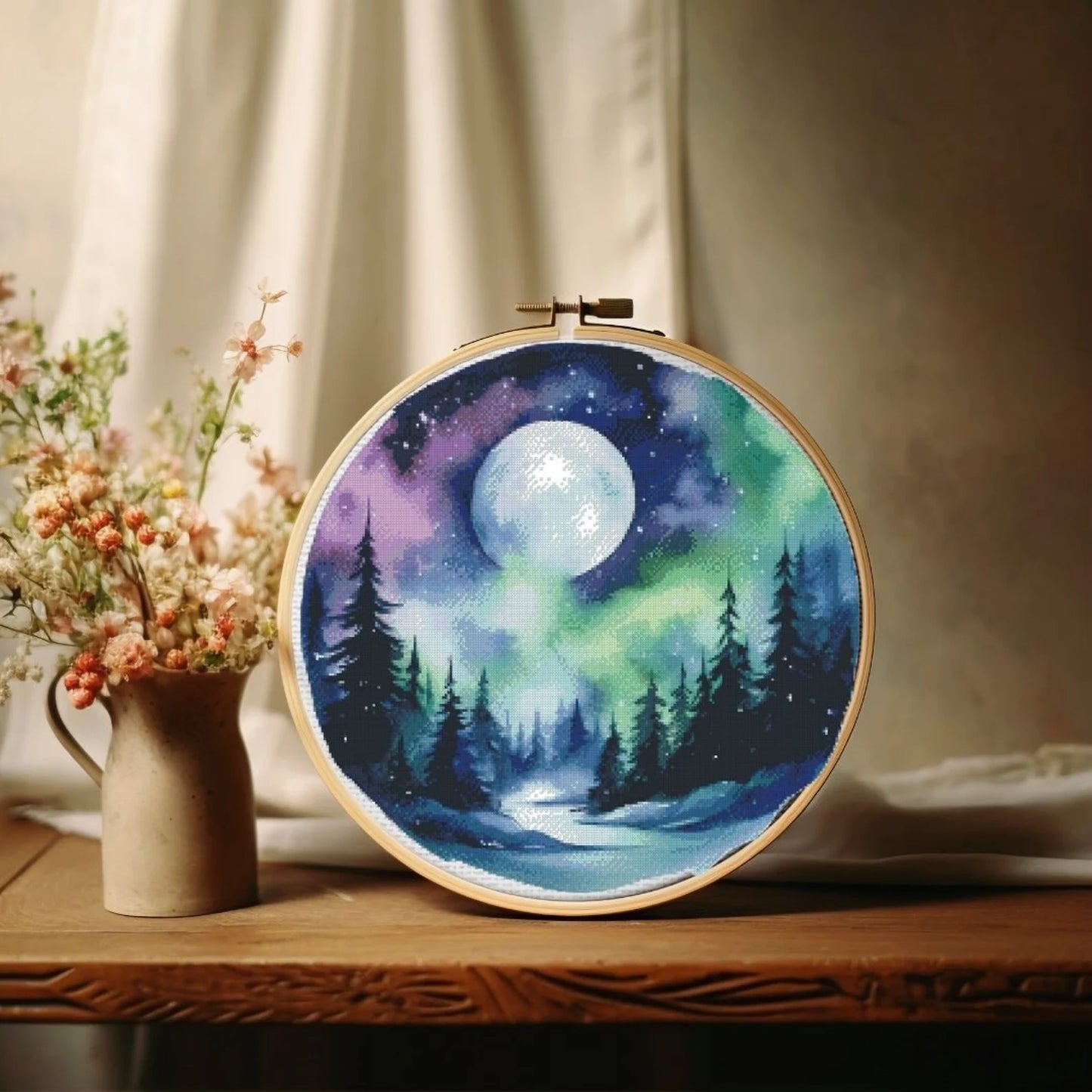 Northen Lights Cross Stitch Pattern , Watercolor, Instant Download , Digital File , Pdf, Landscape, Moon