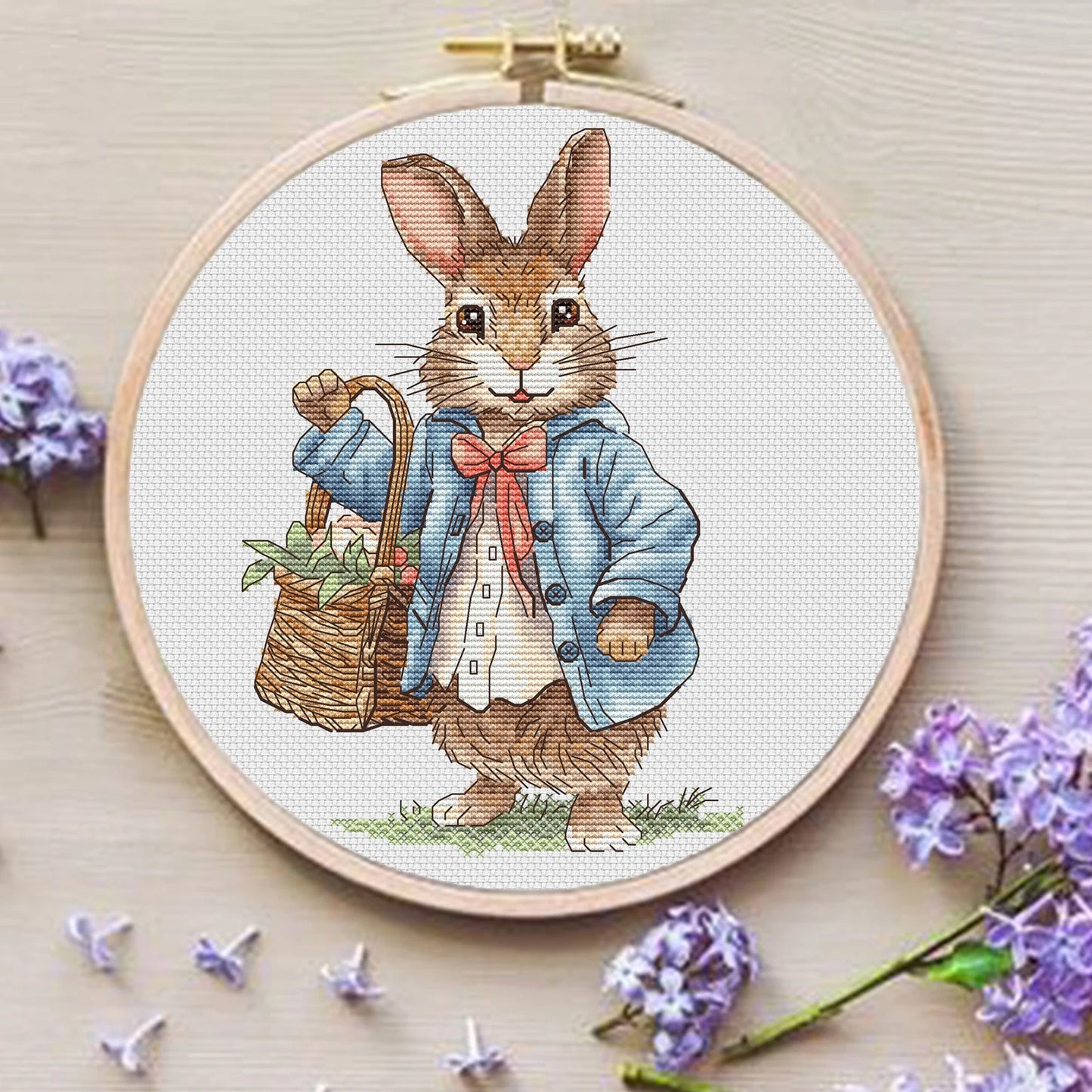 Rabbit boy Cross Stitch Pattern, bunny with a basket of flowers Instant Download Detailed Design Spring Summer Decor PDF Digital File