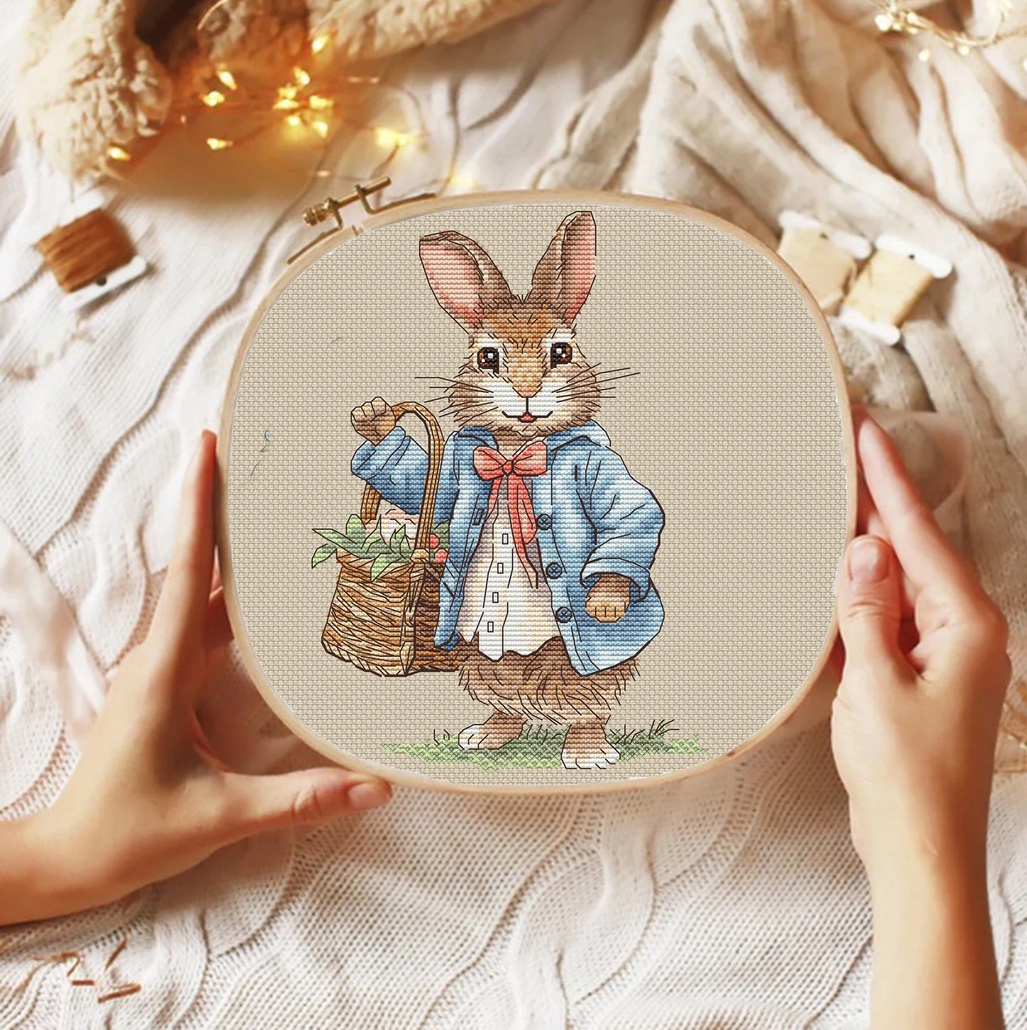 Rabbit boy Cross Stitch Pattern, bunny with a basket of flowers Instant Download Detailed Design Spring Summer Decor PDF Digital File