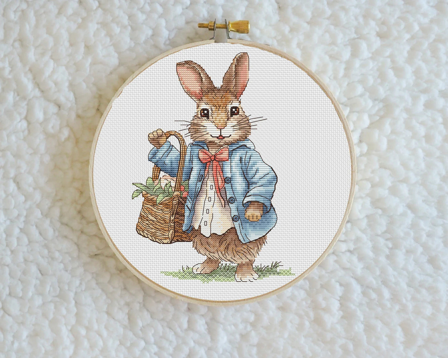 Rabbit boy Cross Stitch Pattern, bunny with a basket of flowers Instant Download Detailed Design Spring Summer Decor PDF Digital File