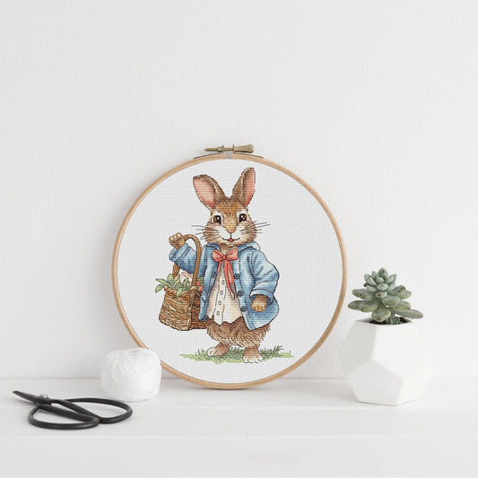 Rabbit boy Cross Stitch Pattern, bunny with a basket of flowers Instant Download Detailed Design Spring Summer Decor PDF Digital File