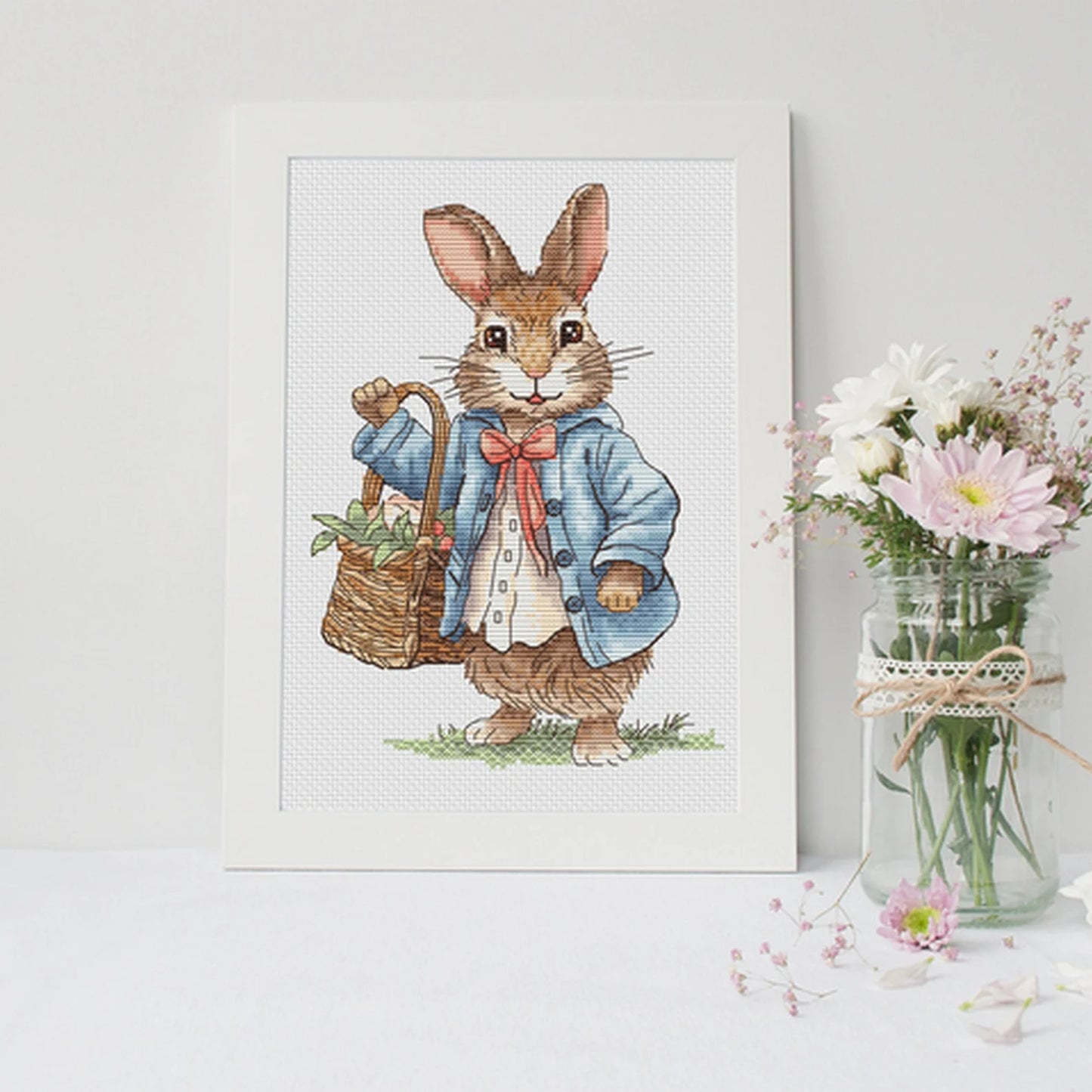 Rabbit boy Cross Stitch Pattern, bunny with a basket of flowers Instant Download Detailed Design Spring Summer Decor PDF Digital File