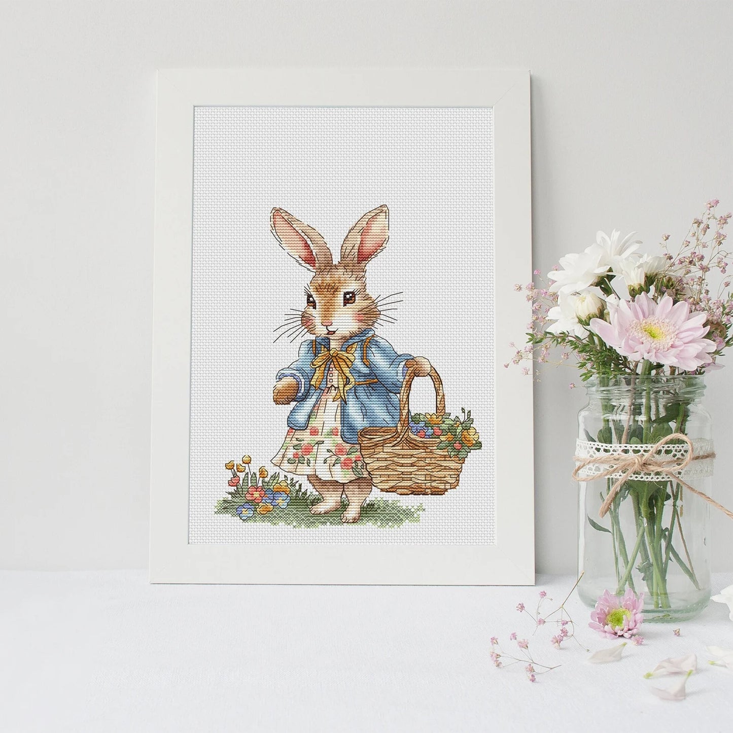 Rabbit girl Cross Stitch Pattern, bunny with a basket of flowers Instant Download Detailed Design Spring Summer Decor PDF Digital File
