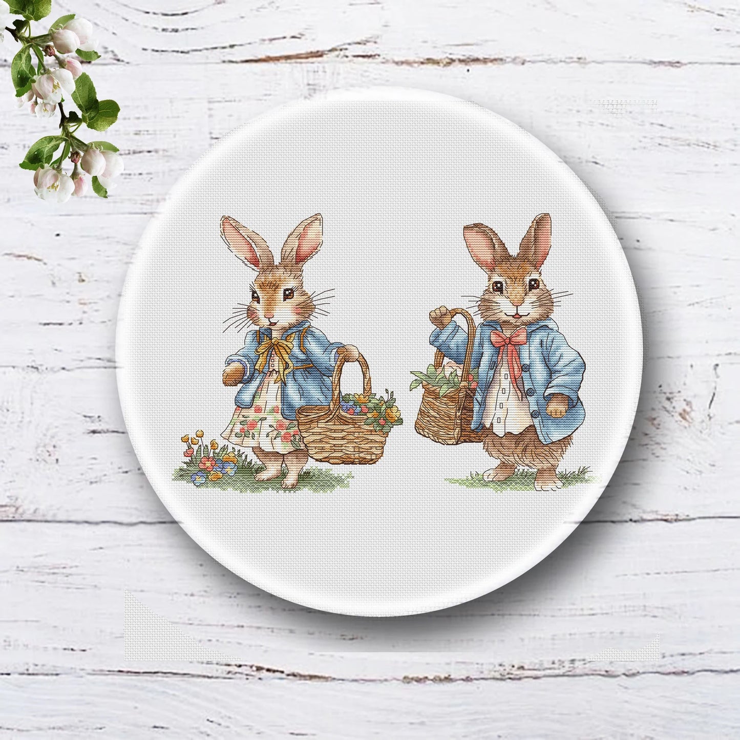Rabbit lady and Rabbit gentleman Cross Stitch Pattern, with a basket of flowers Instant Download Spring Summer Decor PDF Digital File