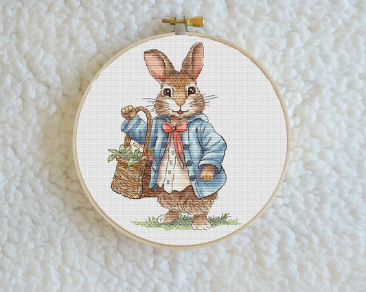 Rabbit lady and Rabbit gentleman Cross Stitch Pattern, with a basket of flowers Instant Download Spring Summer Decor PDF Digital File