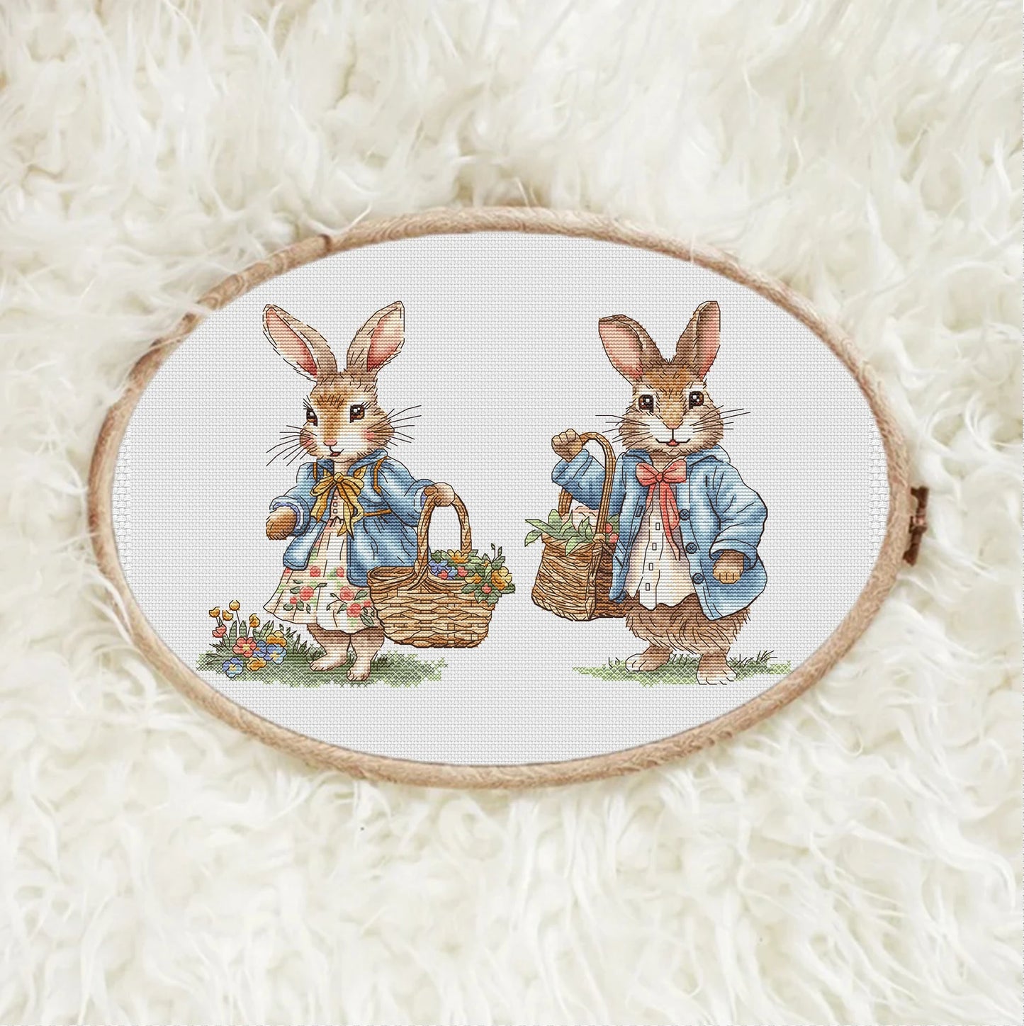 Rabbit lady and Rabbit gentleman Cross Stitch Pattern, with a basket of flowers Instant Download Spring Summer Decor PDF Digital File