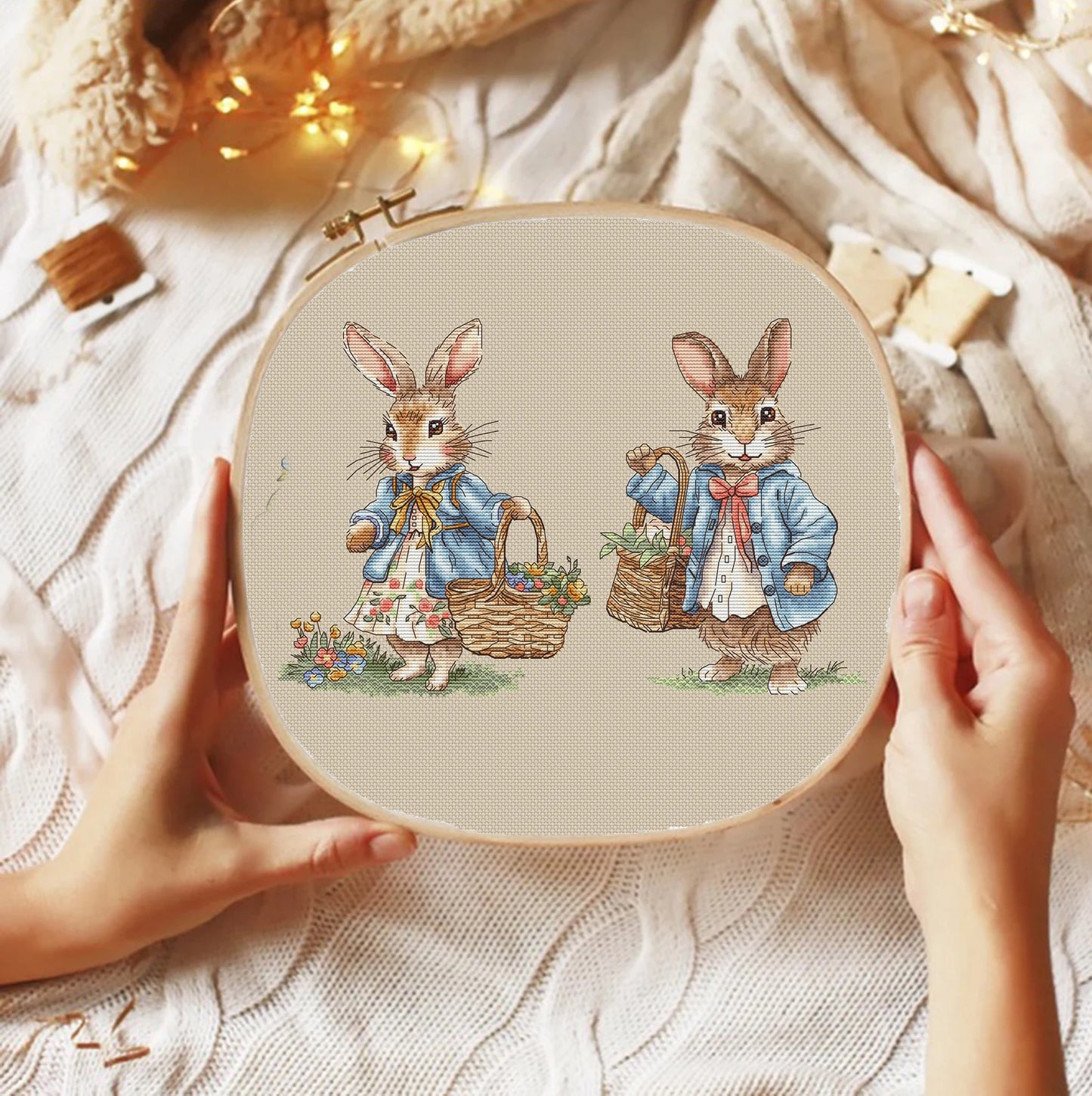 Rabbit lady and Rabbit gentleman Cross Stitch Pattern, with a basket of flowers Instant Download Spring Summer Decor PDF Digital File